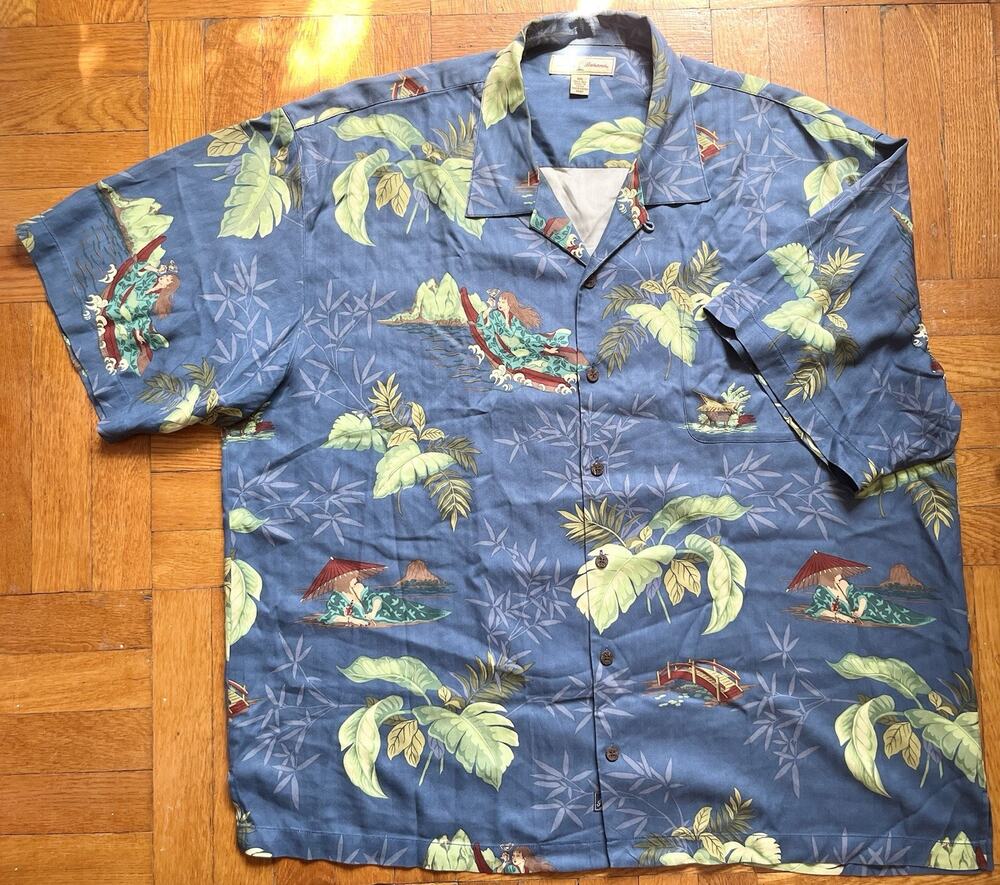 Tommy Bahama Silk Blue Tropical Geisha Girls Floral Hawaiian Shirt XXL Japanese